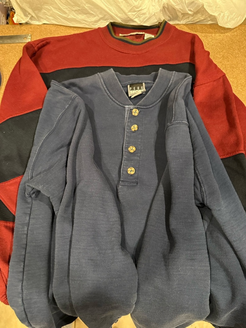 Navy Henley Button Pullover with Red & Black Striped Sweater